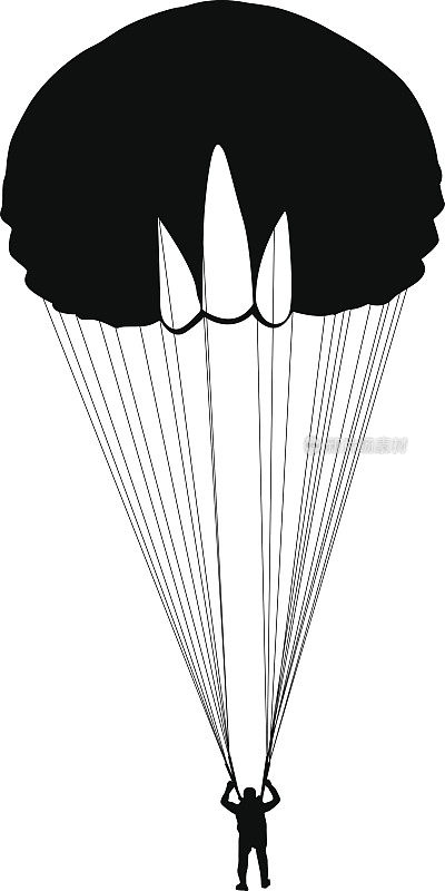 跳伞者，剪影降落伞矢量插图。