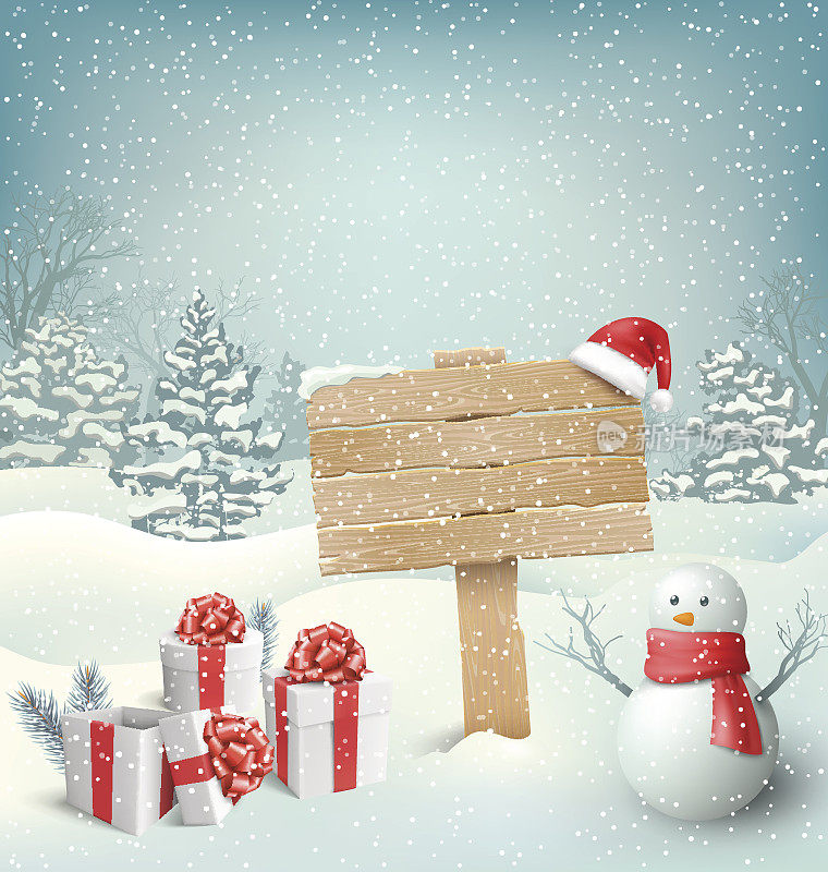 冬季圣诞节背景与路标雪人和礼盒