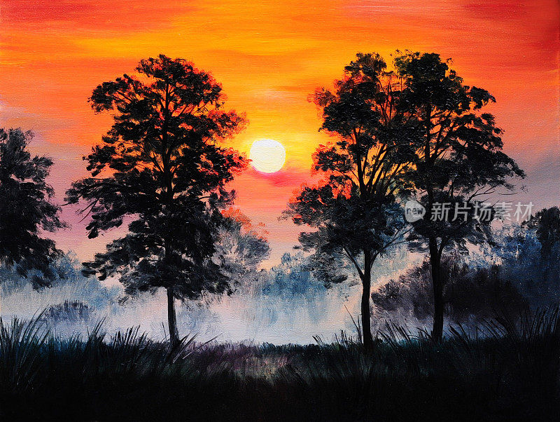 油画风景-日落在森林，雾
