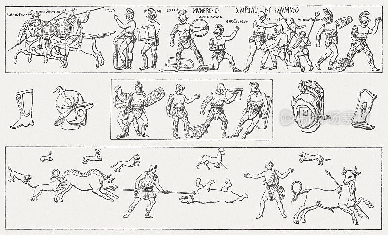 古代角斗士和狩猎场景，庞贝的壁画，出版于1881年