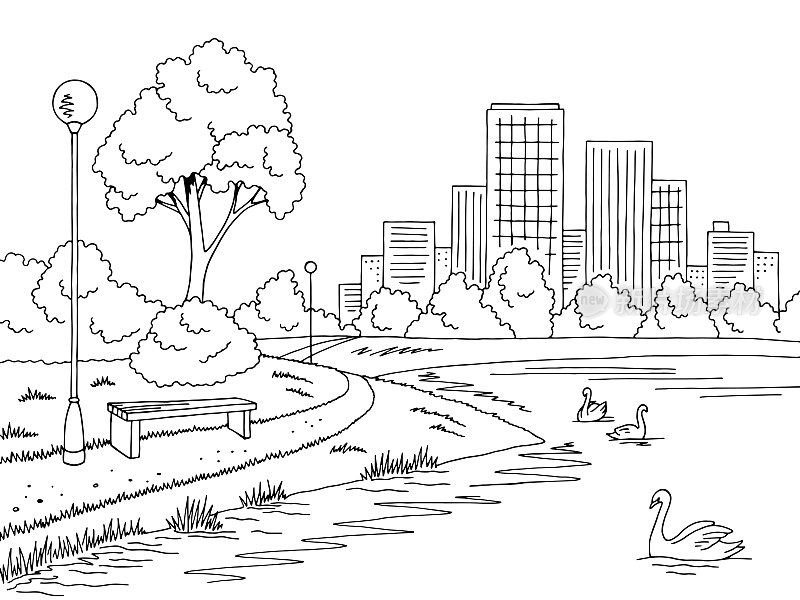 公园湖图形黑白景观素描插图矢量