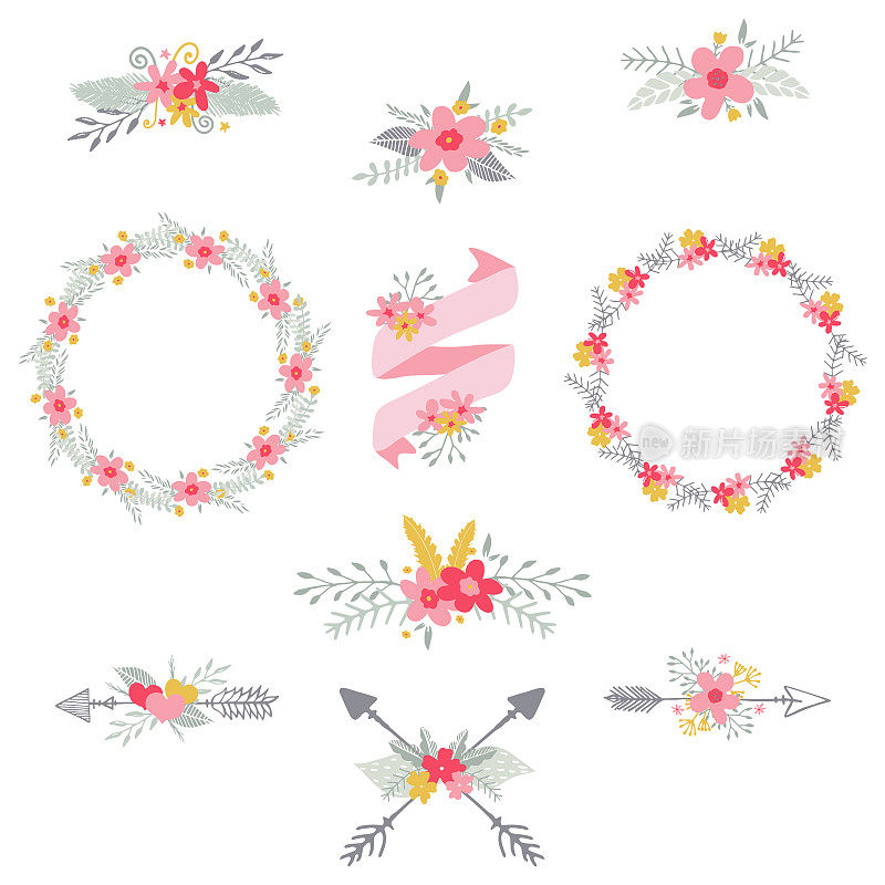 花环，箭头和带花的丝带，手绘插图。婚礼请柬和贺卡装饰元素