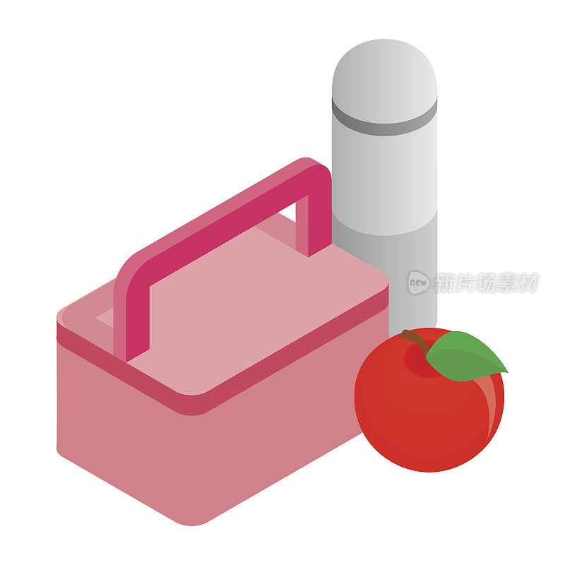粉色的午餐盒，红色的苹果和热水瓶图标