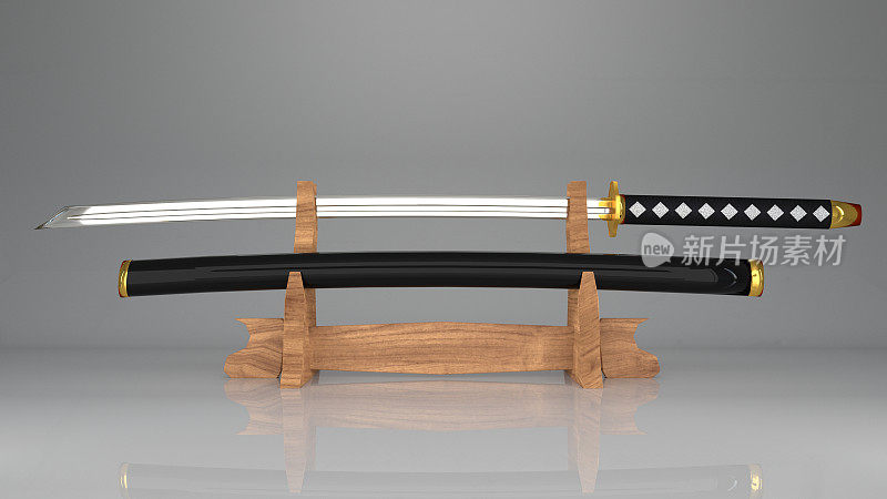 木质剑架上摆放着日本人的3d武士刀鞘。