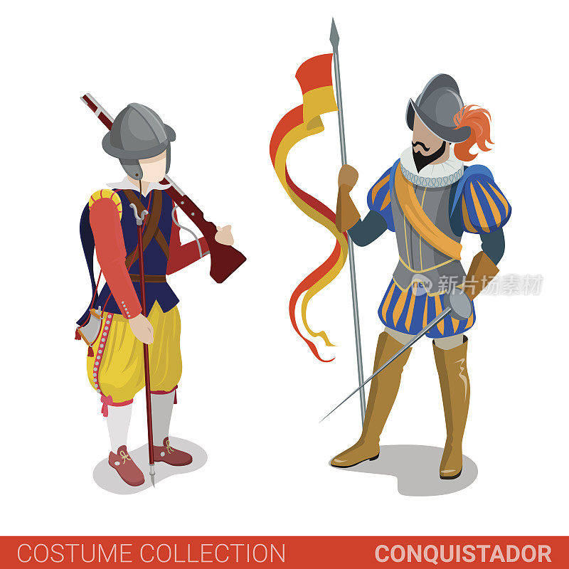 征服者中世纪征服者战士战士夫妇。平面三维等距网站矢量插图。人们在传统服装收集。