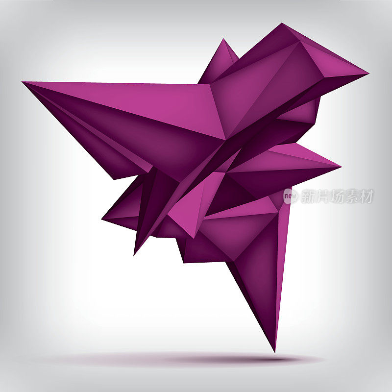 体积几何形状，三维悬浮石英晶体，创意低多边形紫色物体，矢量设计形式