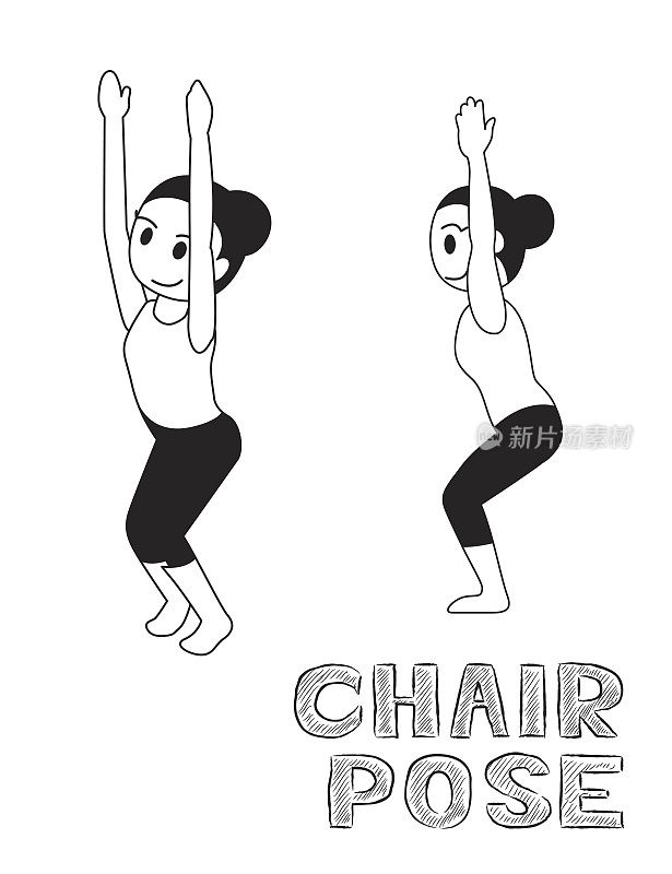 瑜伽椅姿势卡通矢量插图单色