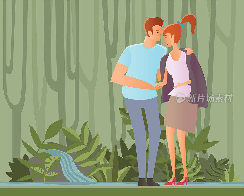 年轻幸福的夫妇在丛林、森林或公园散步。浪漫的约会。那个男人把他的夹克给了那个女孩。拥抱情人。矢量插图。