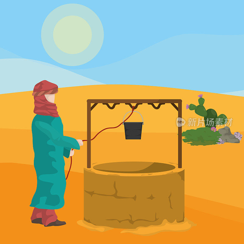 阿拉伯人从水坑中取水