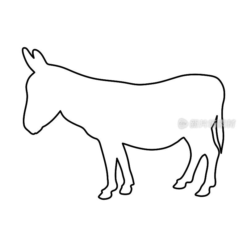 驴子站在黑色轮廓曲线上的白色背景矢量插图