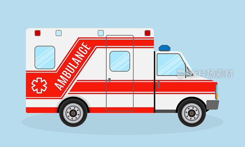 救护车侧视图。紧急医疗服务车。医学护理人员运输。医院交通。