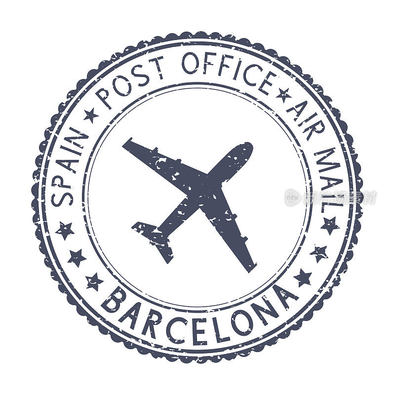黑色邮票，带有西班牙巴塞罗那和飞机标志