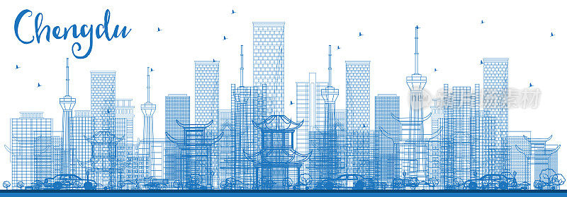 用蓝色建筑勾勒出中国成都的城市天际线。