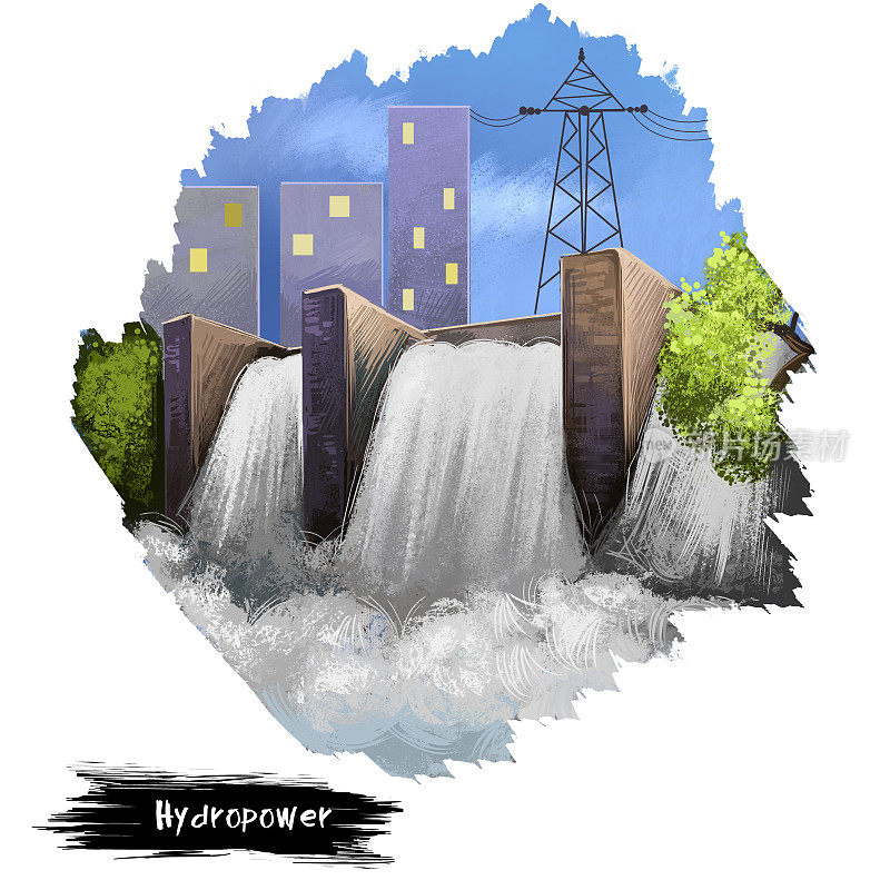 水电数字艺术插图孤立在白色。水坝建设，替代能源，环境清洁电站，障碍物阻止或限制水或地下溪流的流动。