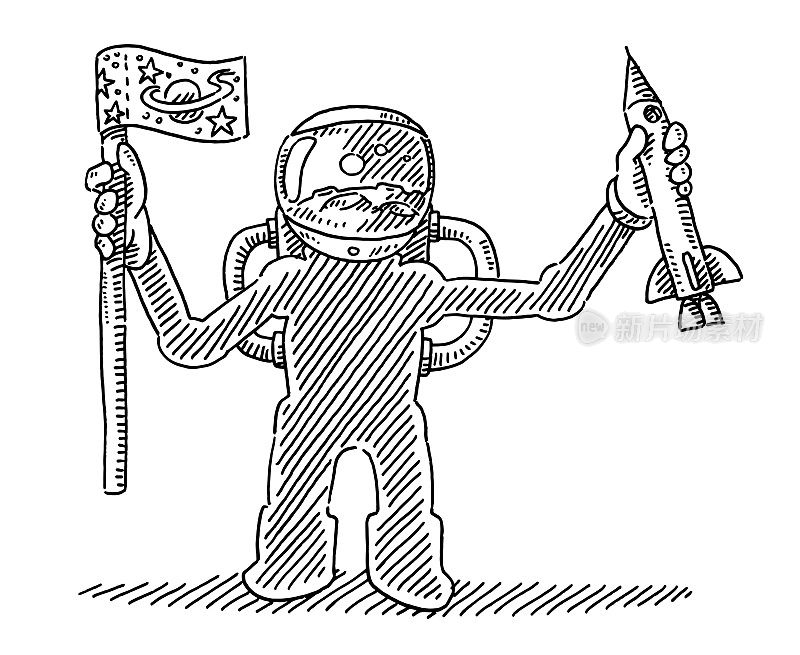 卡通宇航员举着国旗和火箭玩具
