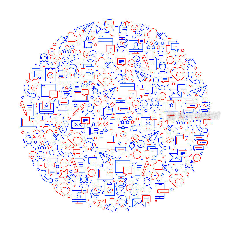 与图标相关的反馈和奖状模式。现代线条风格矢量插图