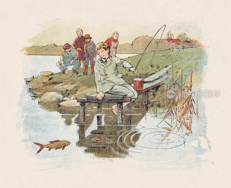 儿童钓鱼、彩色木刻，1897年出版