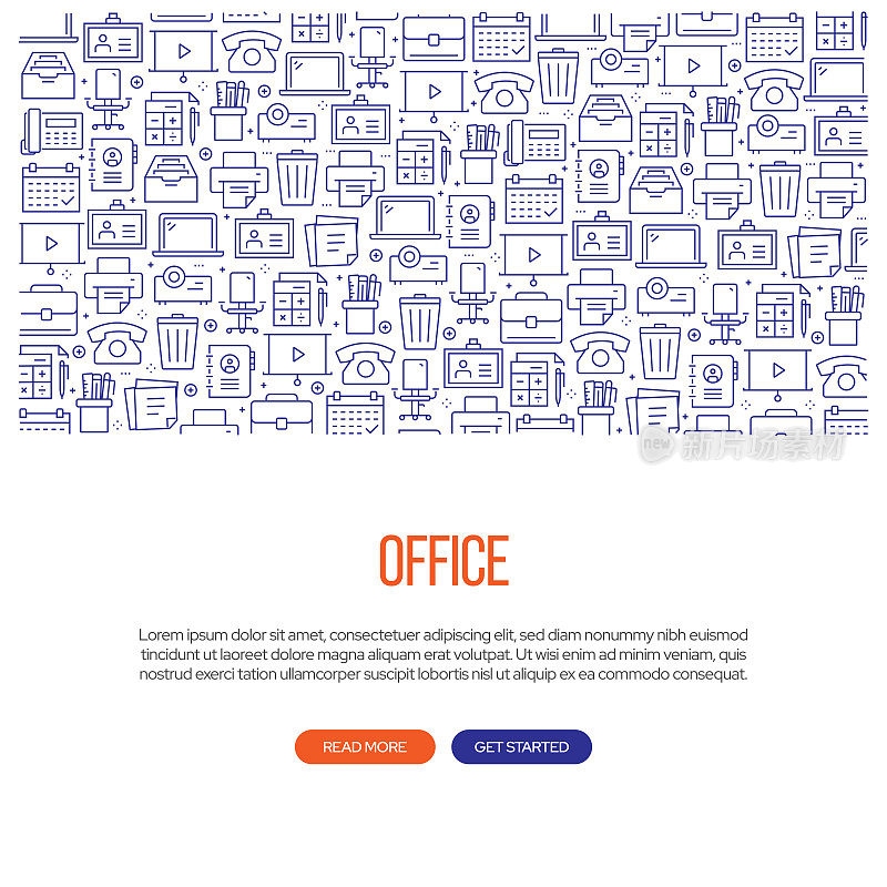 带有图案的办公室横幅设计。现代线条风格图标矢量插图
