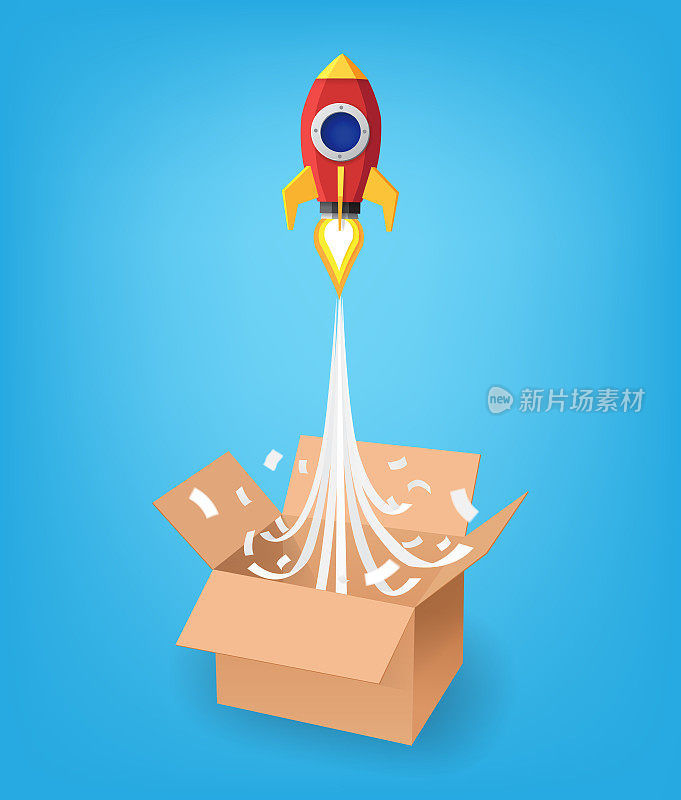 思考盒子外的经营理念，纸艺术风格的红色火箭飞从打开盒子在蓝色的背景