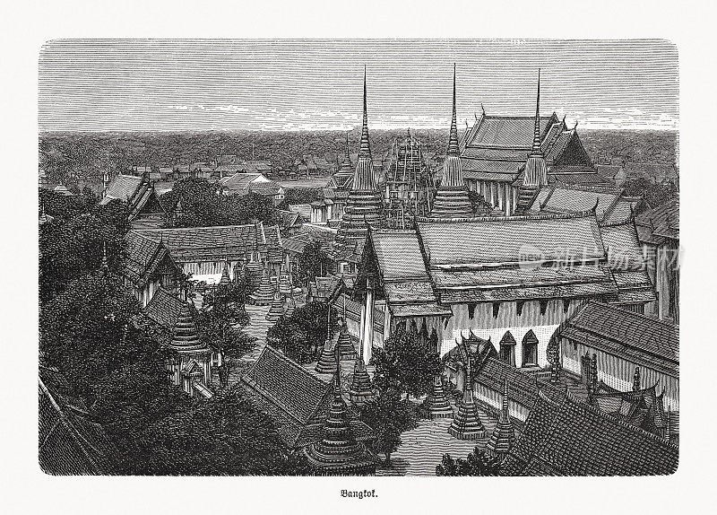 曼谷(泰国)历史鸟瞰图，木版，1893年出版