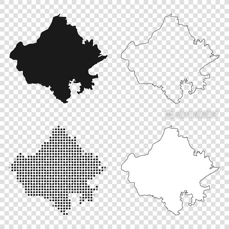 拉贾斯坦邦地图设计-黑色，轮廓，马赛克和白色