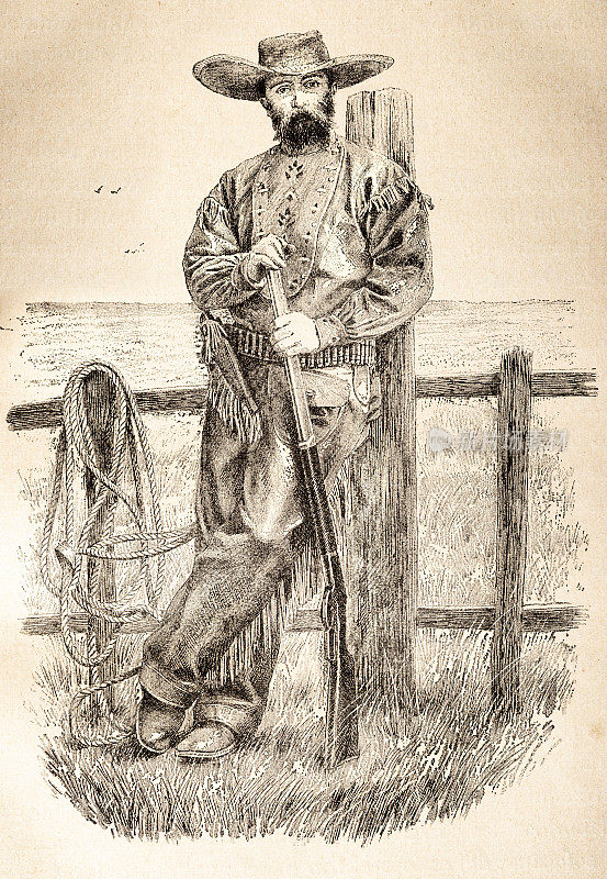 1899年，孤独的牛仔站在牧场的栅栏前