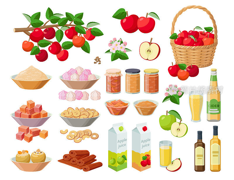 苹果收获大收集矢量插图孤立在白色背景。枝上的红苹果、篮子里的红苹果、果汁、苹果酒、果酱、橘子酱、果胶、泽菲尔、棉花糖、果酱、蜜饯、薄饼