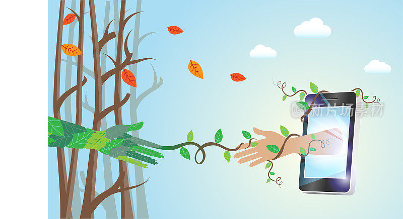 通过科技、生态、环境和地球日的概念来拯救森林。树叶藤蔓手匍匐触摸人类的手穿透智能手机屏幕退化的森林背景。
