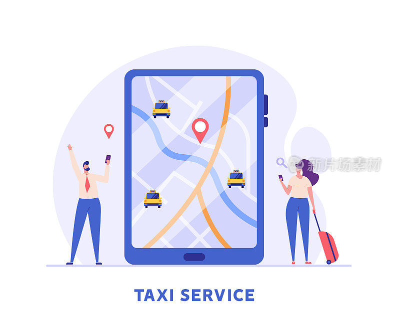 人们在叫出租车，检查车在哪里。出租车服务理念，地理位置，方便使用，专车，司机，返乡。矢量插图在平面设计的移动应用程序，网页横幅。