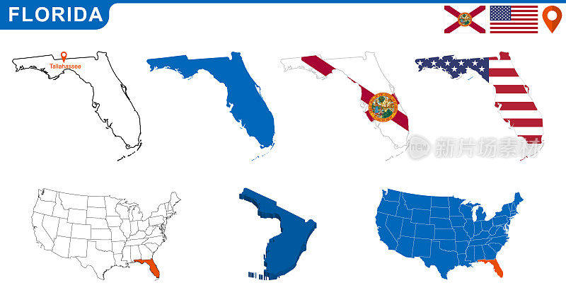 美国佛罗里达州的地图和旗帜。