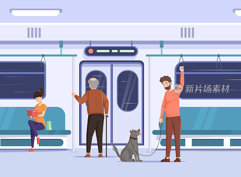 一大群人乘坐公共交通工具地铁。乘客乘坐市内巴士、地铁列车。女人在看书，男人在火车内部带着宠物。一位老人准备离开
