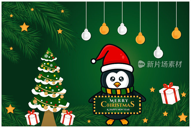 圣诞快乐，新年快乐，旗帜与企鹅设计模板