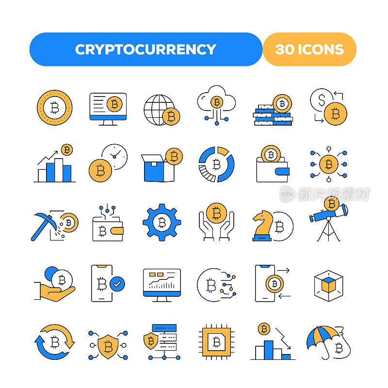 一组加密货币相关的平面线图标。大纲符号集合