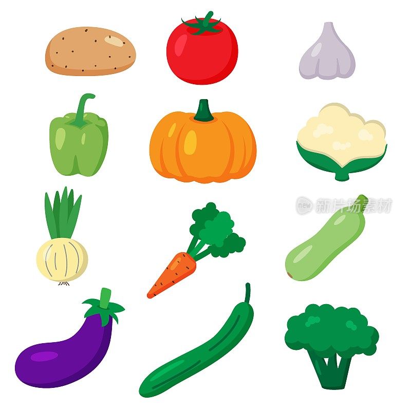 向量蔬菜组。卡通平的风格。花椰菜，胡萝卜，茄子，洋葱，花椰菜，南瓜，西红柿，土豆，红辣椒。印刷食谱，餐厅，超市，市场。素食