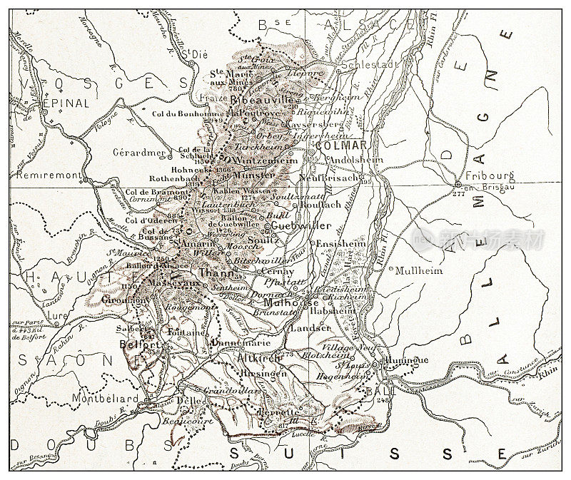 法国高级阿尔萨斯和贝尔福地区的古地图