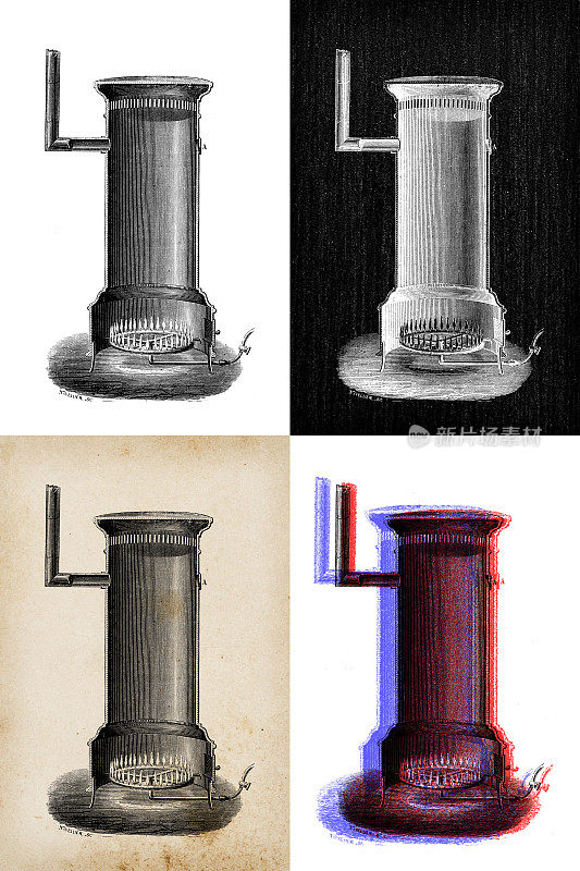 科学发现的古董插图:壁炉，炉子，加热器和烟囱