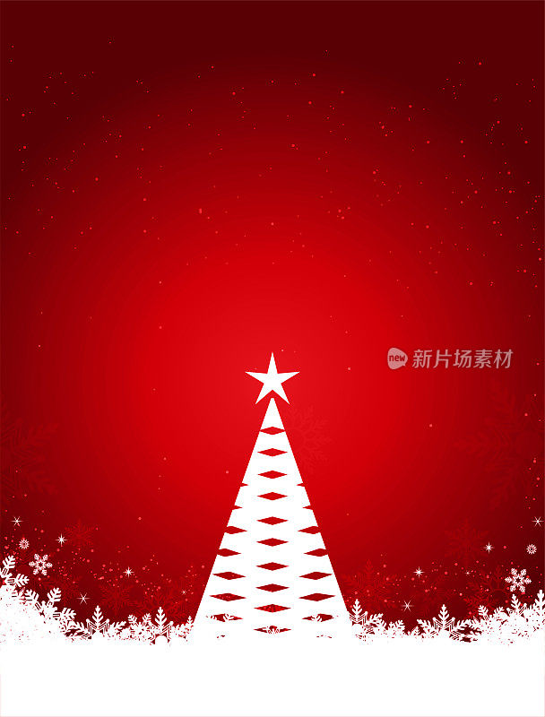 闪闪发光的圣诞矢量垂直发光的红色背景与白色斑点三角形树与星星在顶部和雪花和闪亮的点在明亮的活力栗色背景底部