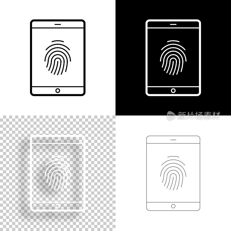 指纹平板电脑。图标设计。空白，白色和黑色背景-线图标