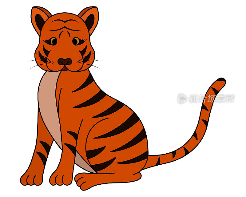 老虎。虎斑小猫。这一年的象征。带有黑色条纹的姜黄色动物。彩色矢量插图。有尾巴和胡子的童话人物。孤立的背景。卡通风格。