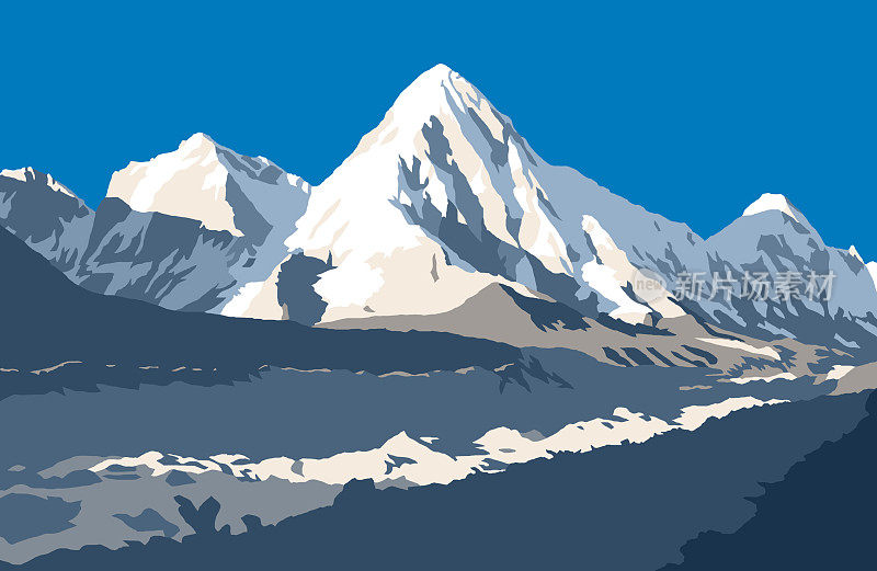 昆布冰川和普莫瑞山，喜马拉雅山脉矢量插图