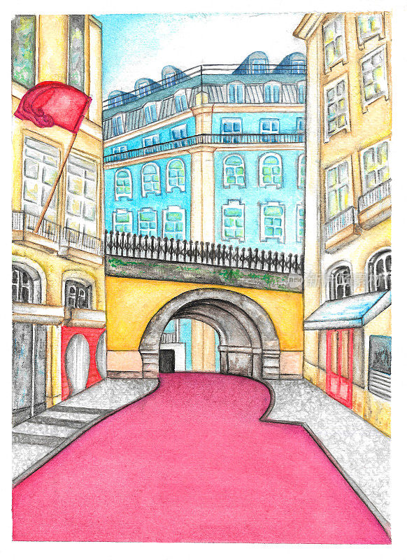 手绘的葡萄牙里斯本的粉红色街道水彩插图