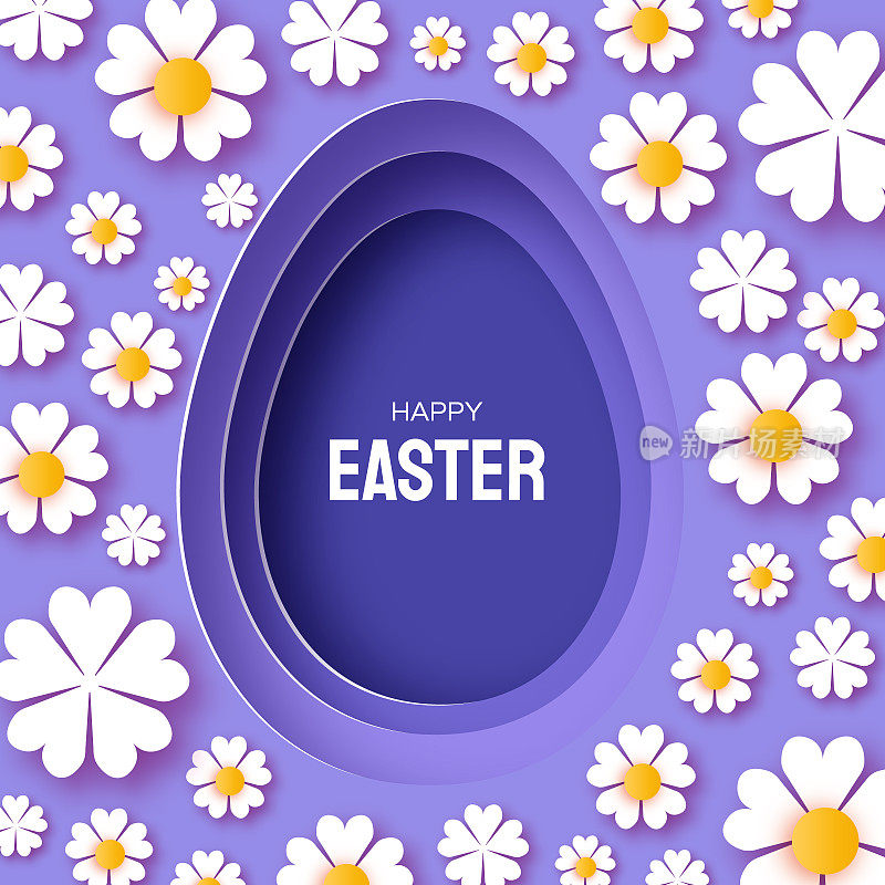 明亮的复活节彩蛋上有鲜花，贺卡，海报，请柬。复活节快乐贺卡与可爱的蛋剪纸风格。兔子分层框架。寻找复活节彩蛋。春天的景象。