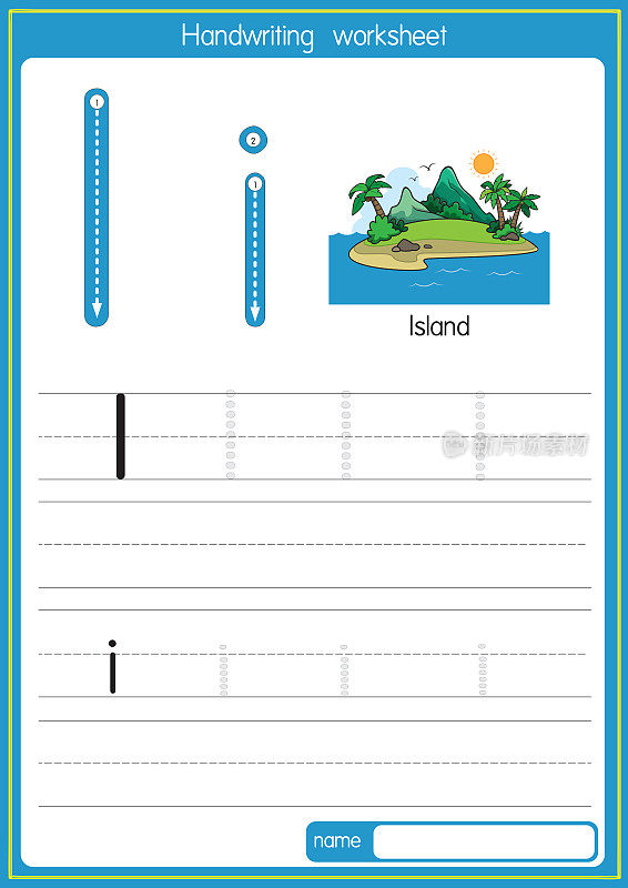 矢量说明岛与字母I大写字母或大写字母的儿童学习练习ABC