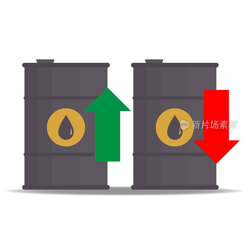 燃料价格的上涨。矢量插图的石油桶图标和绿色红色箭头指向上和下。