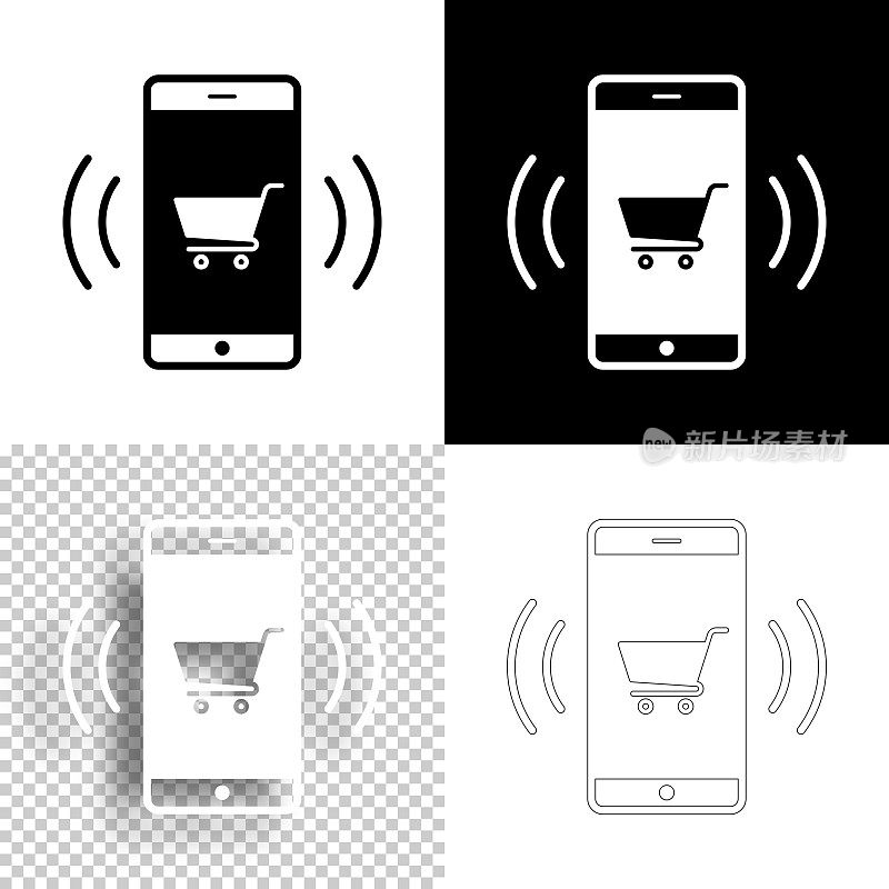 用智能手机在线购物。图标设计。空白，白色和黑色背景-线图标