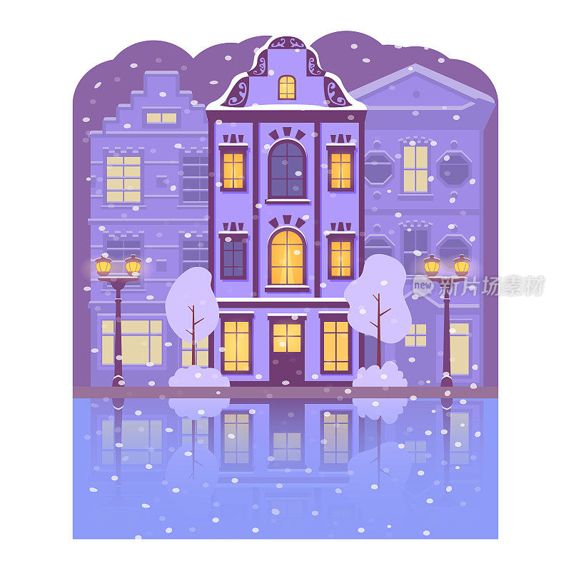 冬季阿姆斯特丹城市天际线。街道上被雪覆盖的房屋的正面。欧洲城市古建筑。灯火通明的夜城。