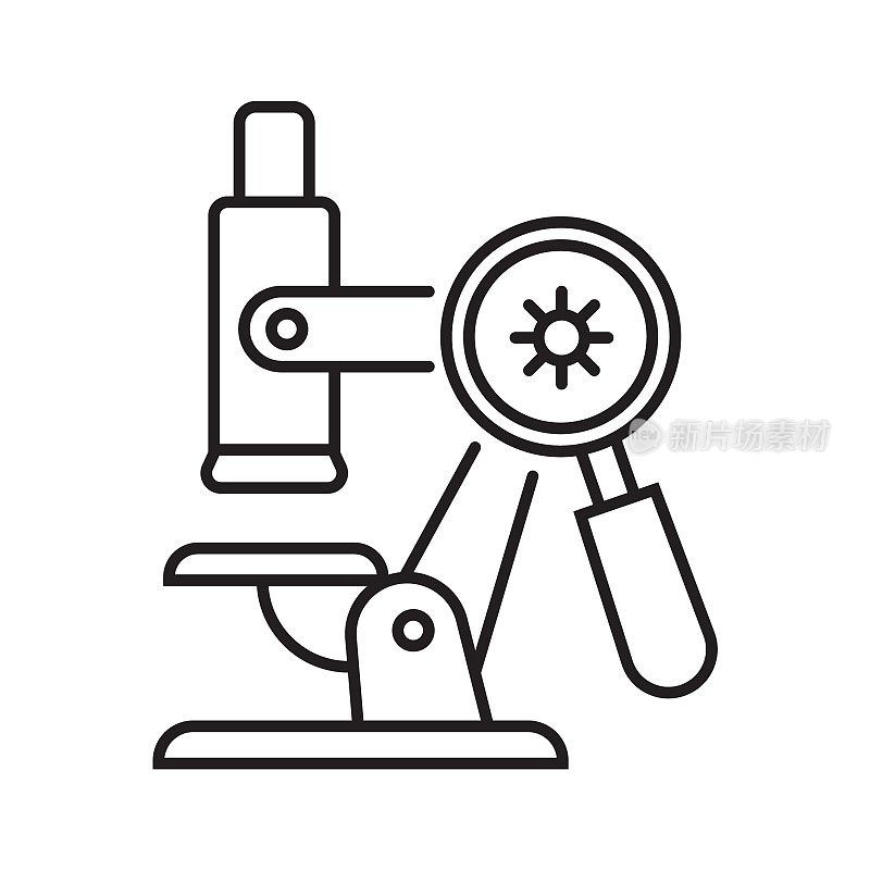 显微镜与细菌，病毒图标在直线，轮廓样式。化学实验室。