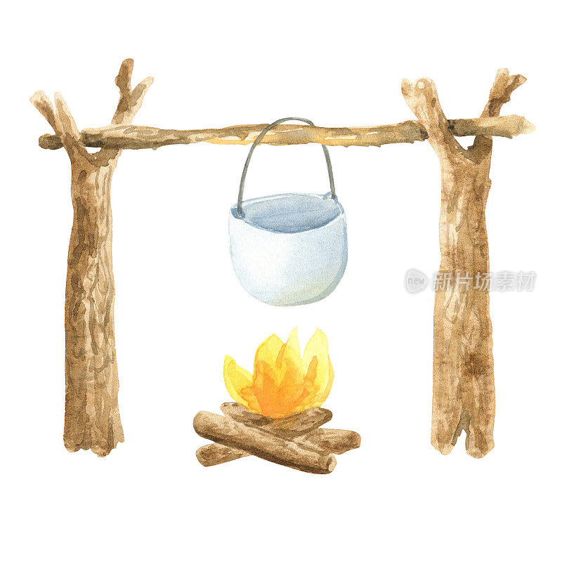 挂在圆木上的水彩野营锅。在营火上烹饪食物的手绘旅程。露营食物在大锅中的插图设计。勾勒出森林里的生活方式。