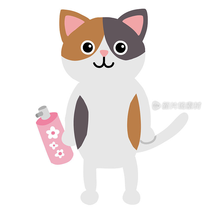 流行平面插图的Calico猫持有空气清新剂