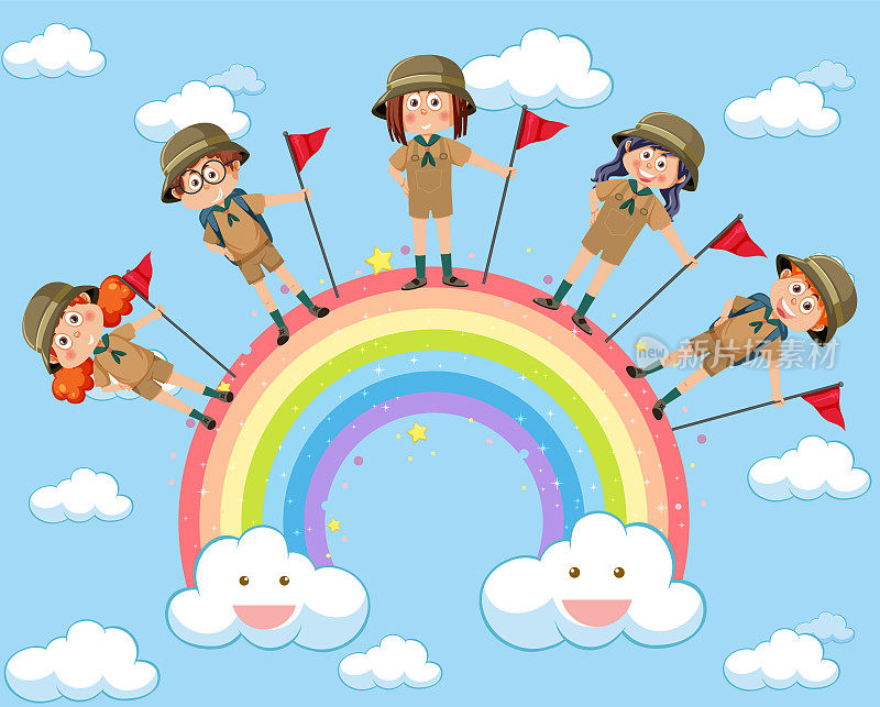 快乐的孩子在天空中伴着彩虹